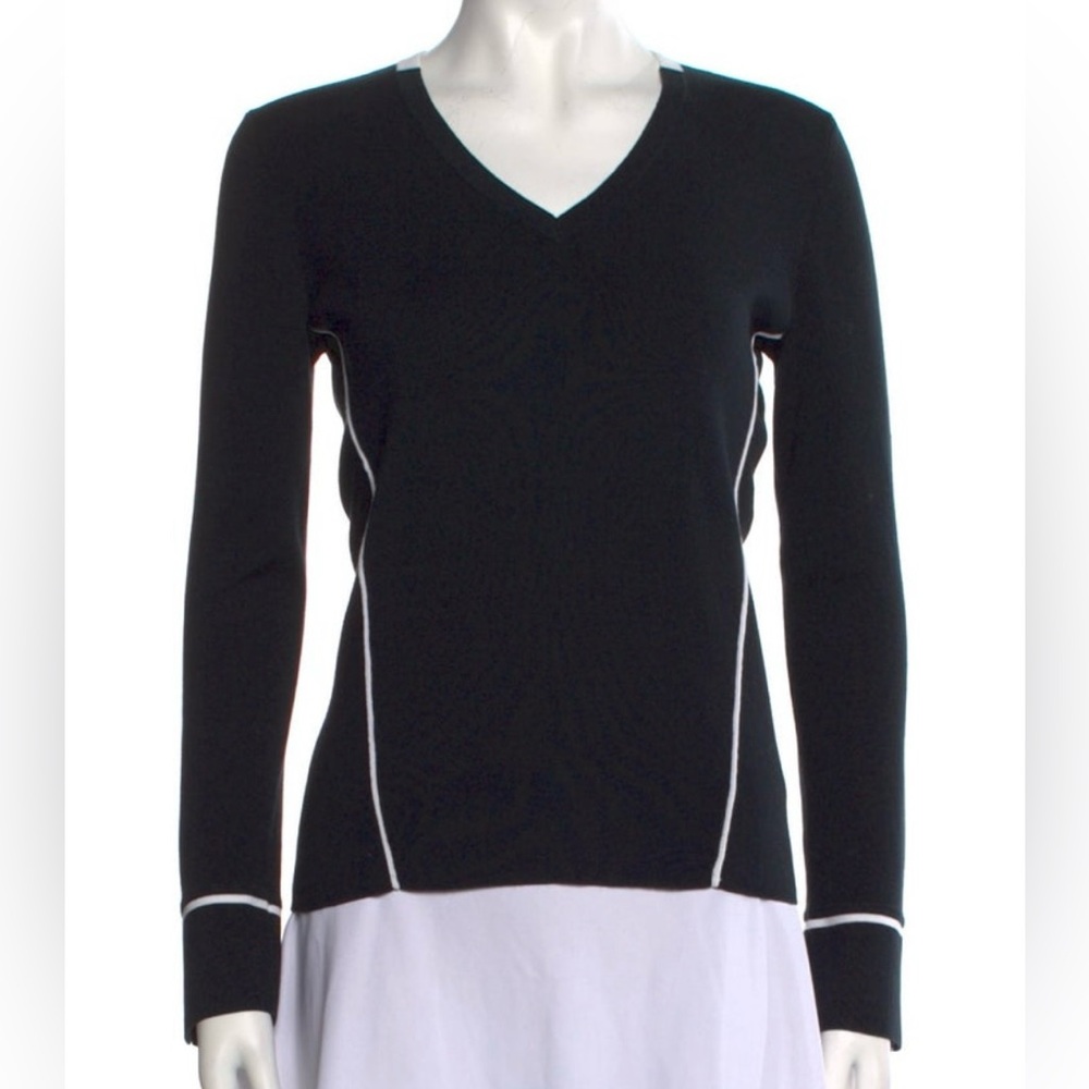 Elegant Black V-Neck Sweater with White Trim